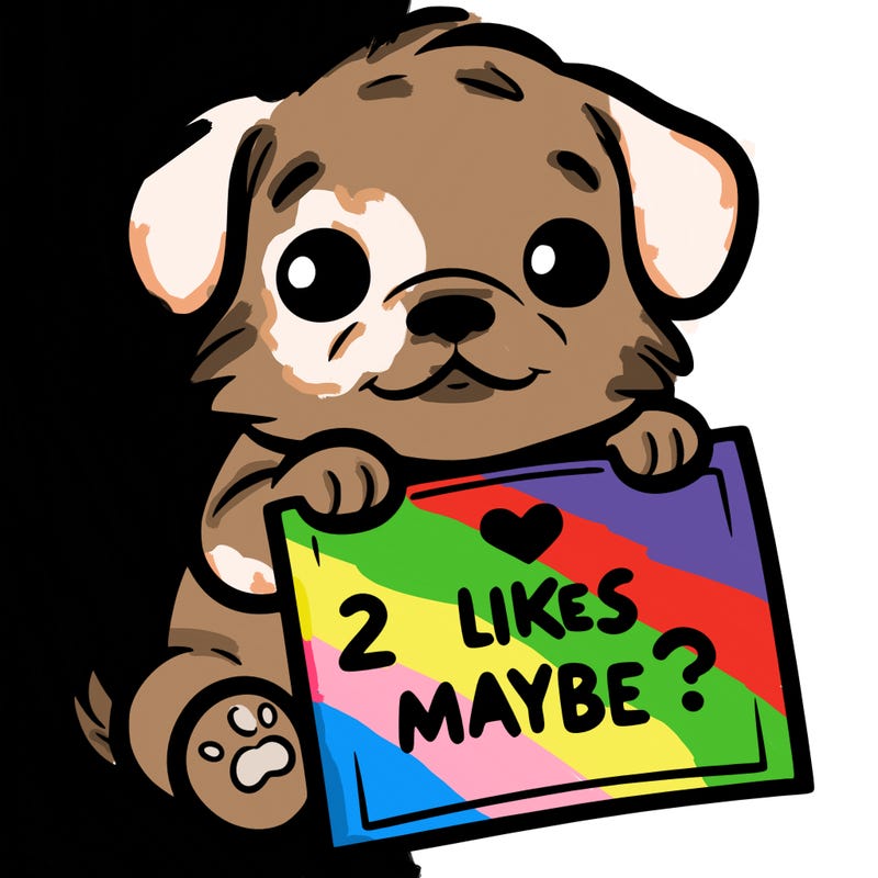 a puppy holding a sign that says 2 likes maybe?