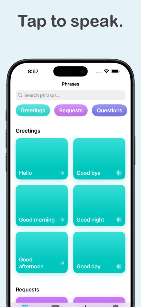 SpeakLink app interface displaying a grid of large buttons for common greetings like Hello and Good Morning.