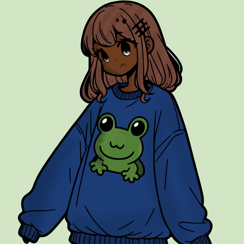 girl wearing frogging sweatshirt