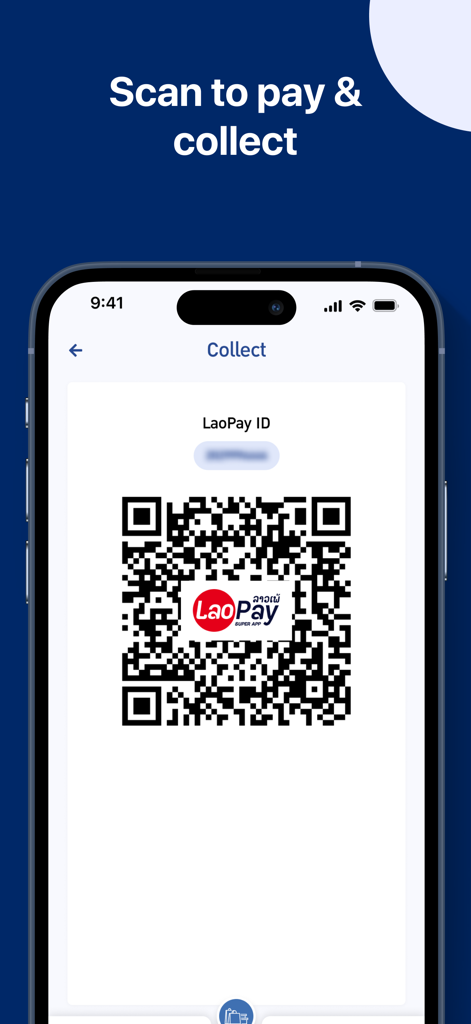 A smartphone showing the LaoPay app QR code screen for scanning to pay and collect payments.