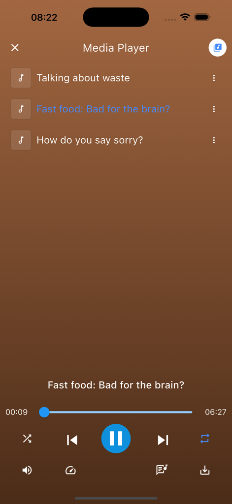 English Listening - 6mins - Media player screen showing a list of audio lessons and playback controls for an English learning app