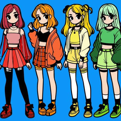 one girl with crop-top shirt and a jacket with a skirt, long socks and another girl with a shirt and pants with a jacket