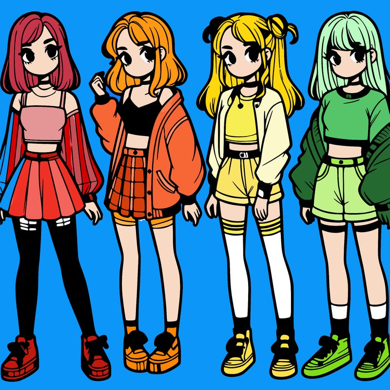 one girl with crop-top shirt and a jacket with a skirt, long socks and another girl with a shirt and pants with a jacket