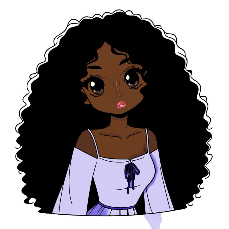 a black anime girl with long afro hair