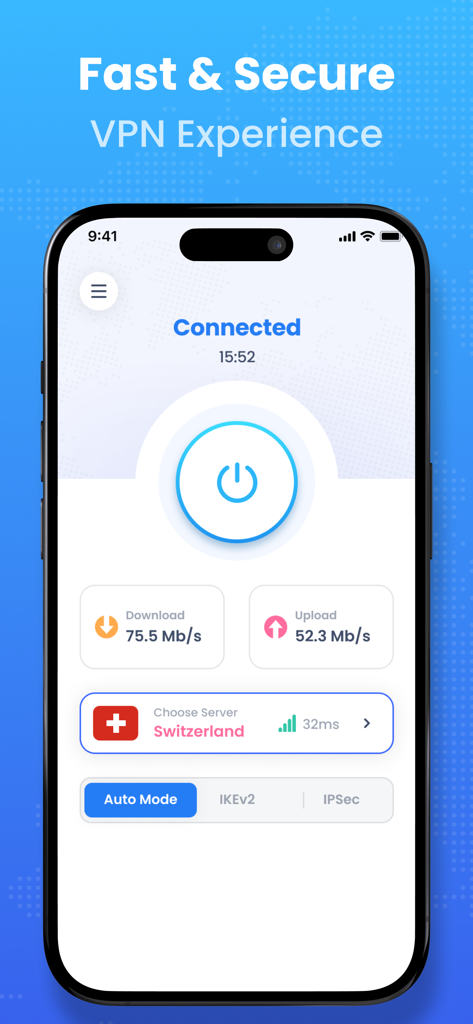 스위스 서버에 대한 VPN Super Proxy 앱의 iPhone 인터페이스, 속도 메트릭 포함