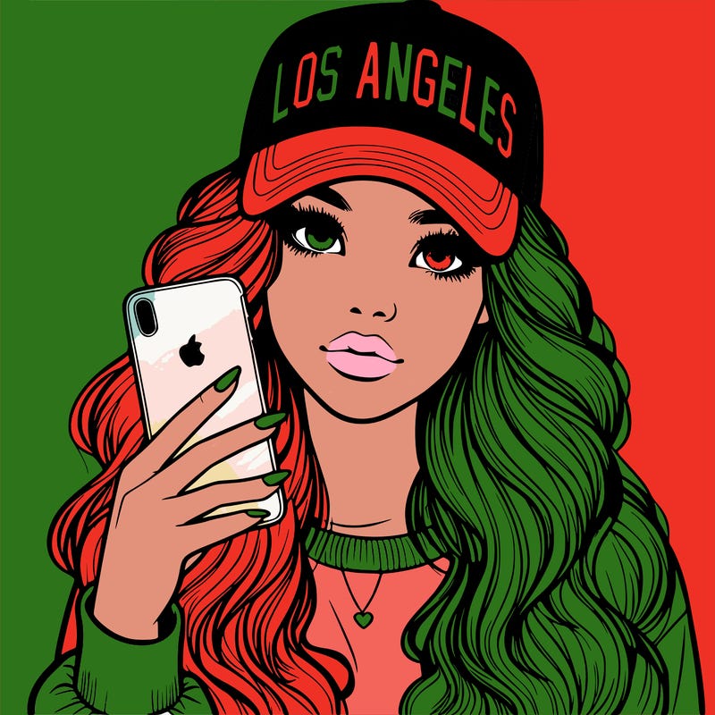 realistic beautiful girl wearing los ángeles cap holding an iphone