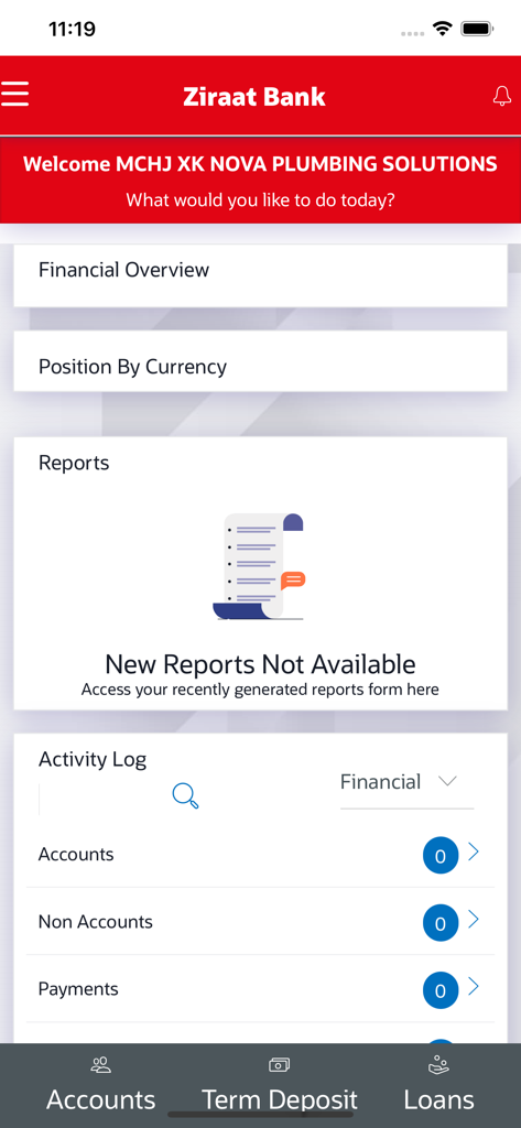 Ziraat Bank Mobile Uzbekistan - Ziraat Bank Mobile Uzbekistanアプリのビジネスダッシュボード。財務概要と口座アクティビティログが表示されています。