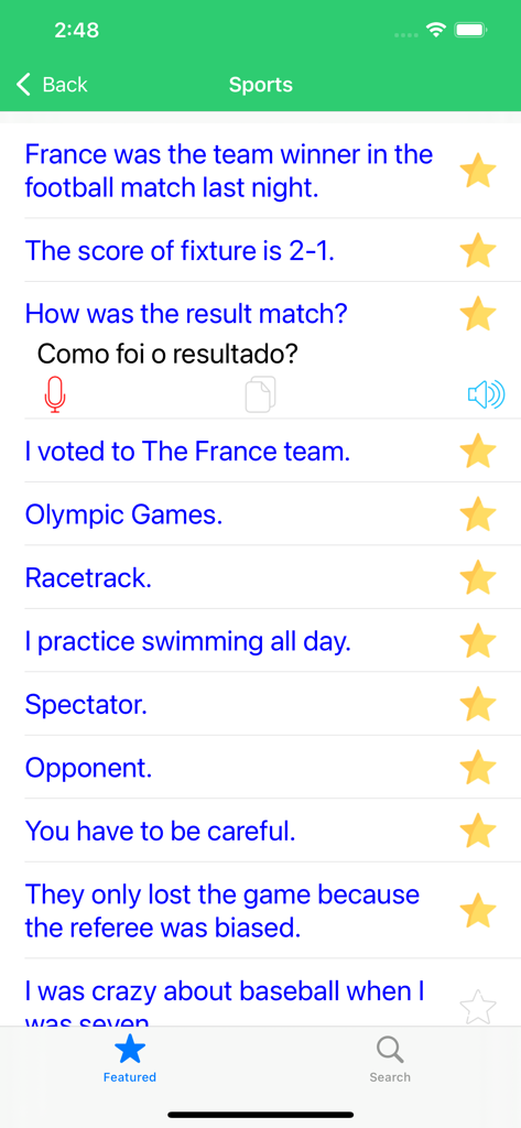 Learn Portuguese Premium - Learn Portuguese app interface showing sports phrases and translations for travelers.