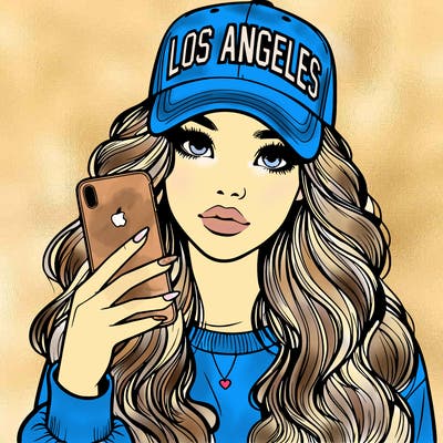 realistic beautiful girl wearing los ángeles cap holding an iphone