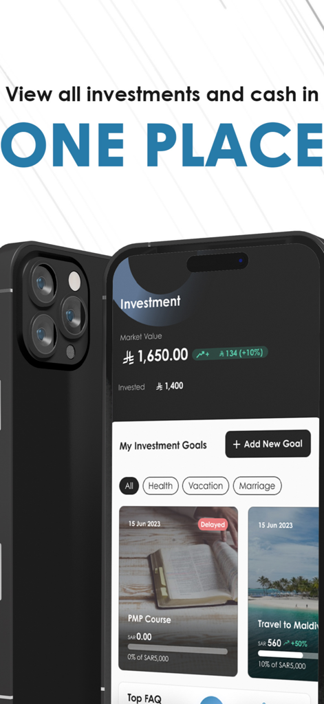 Akasia | اكاسيا - Akasia mobile app interface displaying investment market value and personalized financial goals.