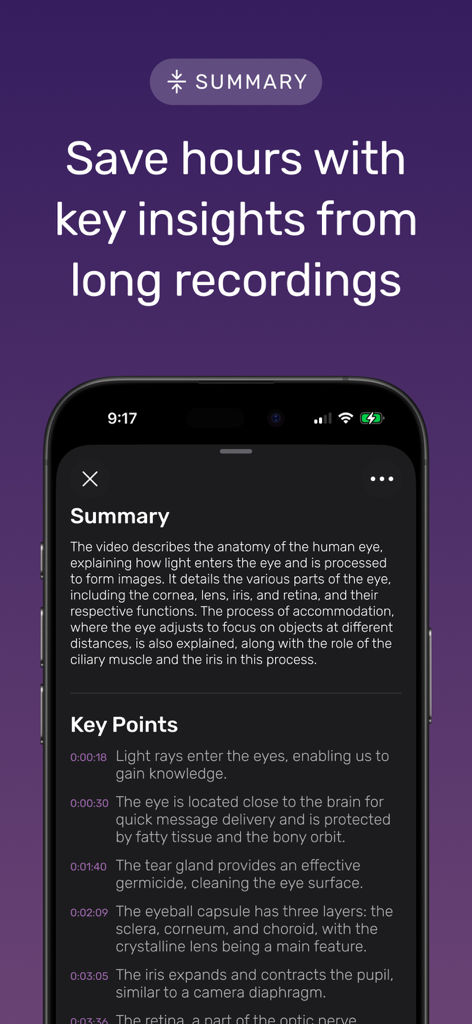Noted: Record & AI Transcribe - Capture d'écran de l'application Noted montrant un résumé généré par IA et les points clés horodatés d'un long enregistrement