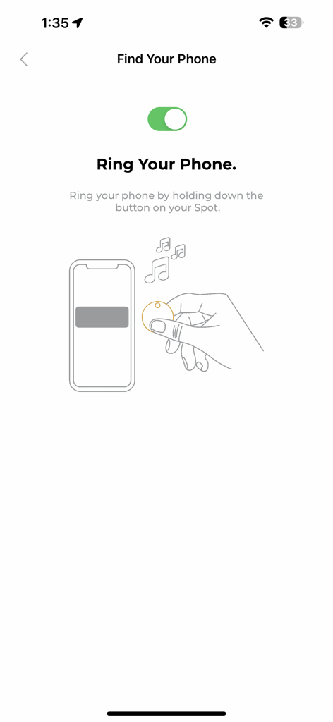 App screen showing the Ring Your Phone feature with instructions on how to use the Spot device to find a misplaced phone.