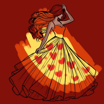 realistic woman with dress flowing in the wind