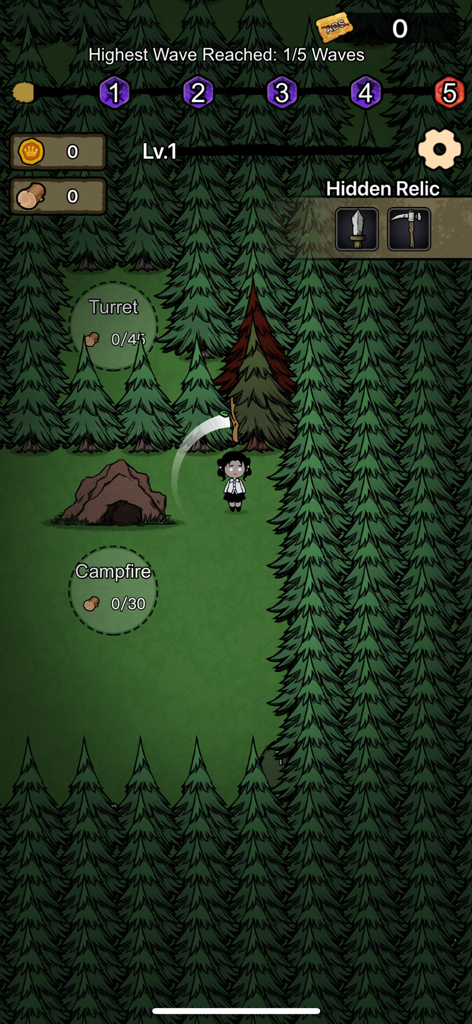 Wood Siege - Wood Siegeのゲームプレイ。キャラクターが森で資源を集めて、キャンプファイヤーとタレットの拠点を建設している様子。