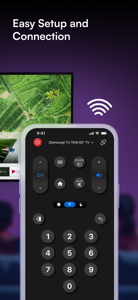 Connect TV Remote - SamsungスマートTV用のデジタルリモコンボタンを表示するiPhone上のConnect TV Remoteアプリインターフェース。
