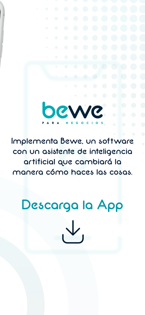 Bewe para negocios - Interfaz de la aplicación Bewe para negocios que muestra la descripción del software de IA y la indicación de descarga