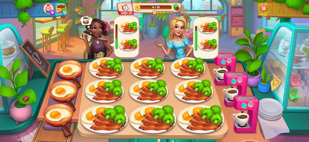 Cooking Rage - Restaurant Game - Escena de juego de Cooking Rage que muestra una cocina de restaurante sirviendo platos de desayuno con huevos, tocino y brócoli a los clientes.