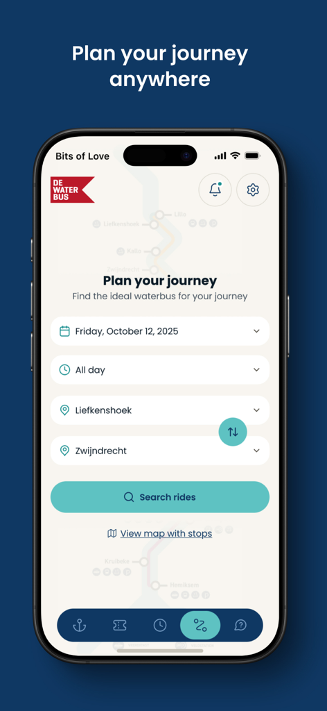 DeWaterbus - DeWaterbusアプリの日付、時間、出発地、目的地フィールドを含む旅程計画インターフェース