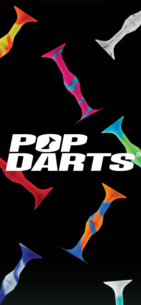 Popdarts Score Keeper - Popdarts brand logo with colorful suction cup darts on a black background