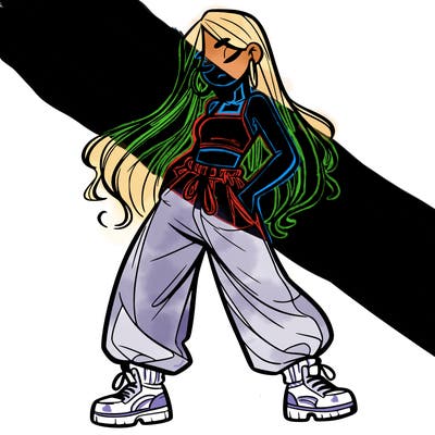 girl in baggy pants crop top and long hair