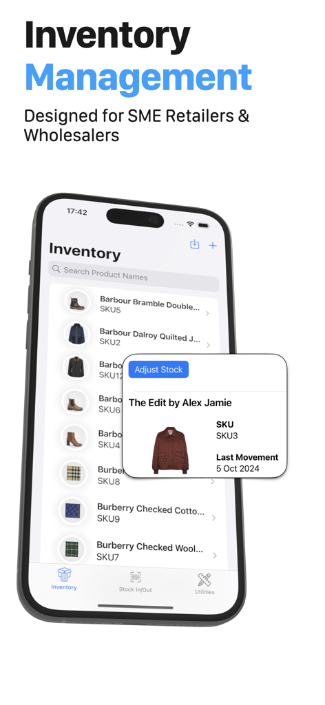 Inventory Management Pro iPhone App-Bildschirm mit Lagerbeständen und Produktliste für Einzelhändler