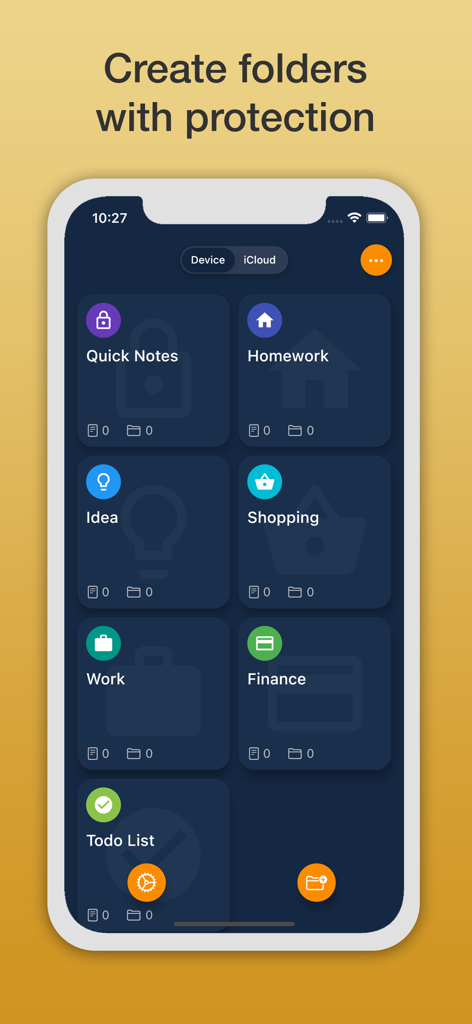 Safety Note+ - Safety Note plus 인터페이스가 작업 및 재무를 포함한 개인 메모를 위한 보안 폴더를 보여줌