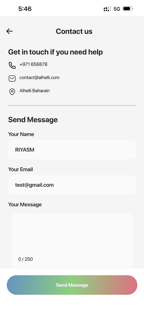 Pantalla de contacto de la aplicación Alhelli Rewards Pro que muestra los detalles de soporte al cliente y el formulario de mensajes