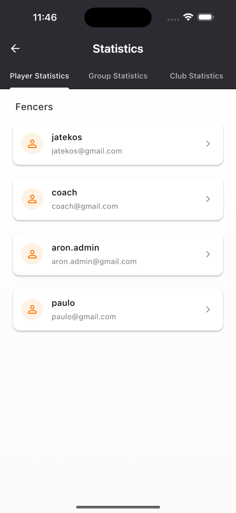 Clawer - Clawer app statistics screen showing a list of fencers including their names and email addresses