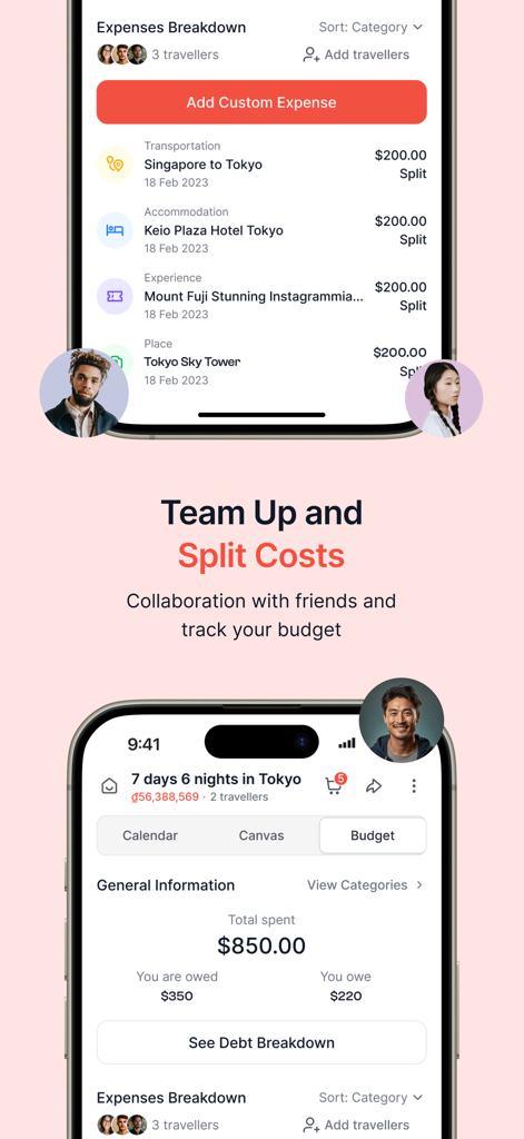 Holicay - Mobile interface of the Holicay app displaying shared travel expenses and budget tracking for a group trip