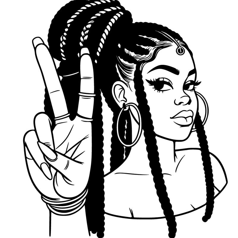 realistic black girl with goddess box braids and hoop earrings holding the peace sign but her palm is facing her and shes using three fingers to hold the peace sign