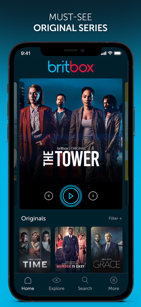 BritBox: The Best British TV - The Tower, Time, Murder Is Easy와 같은 영국 오리지널 시리즈를 선보이는 BritBox 앱을 보여주는 스마트폰 화면.