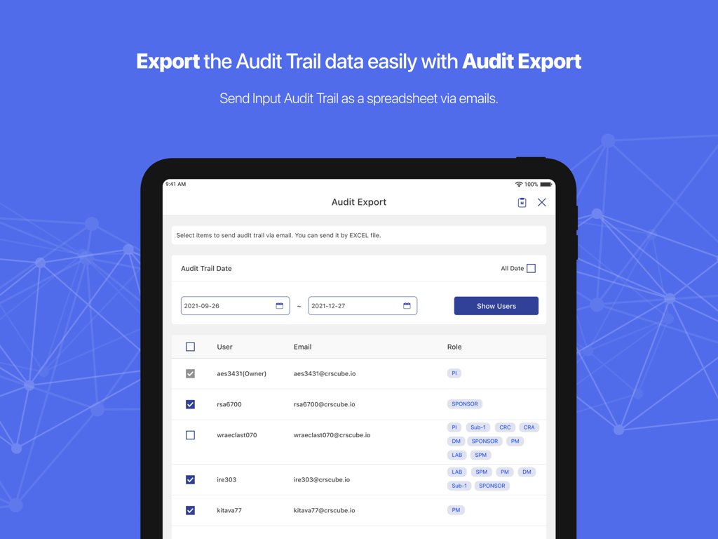 iPad interface of the cubeDDC app showing the audit trail export feature to send clinical trial data as a spreadsheet