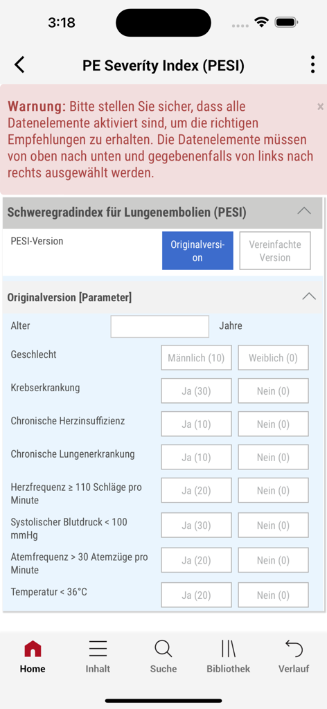 DGK Pocket-Leitlinien - Interface of the PE Severity Index calculator within the DGK Pocket-Leitlinien medical app showing clinical parameters.