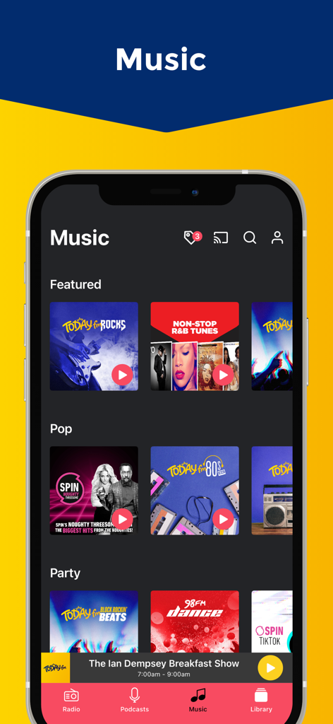 Today FM app music interface featuring curated stations like Rock and 80s hits.