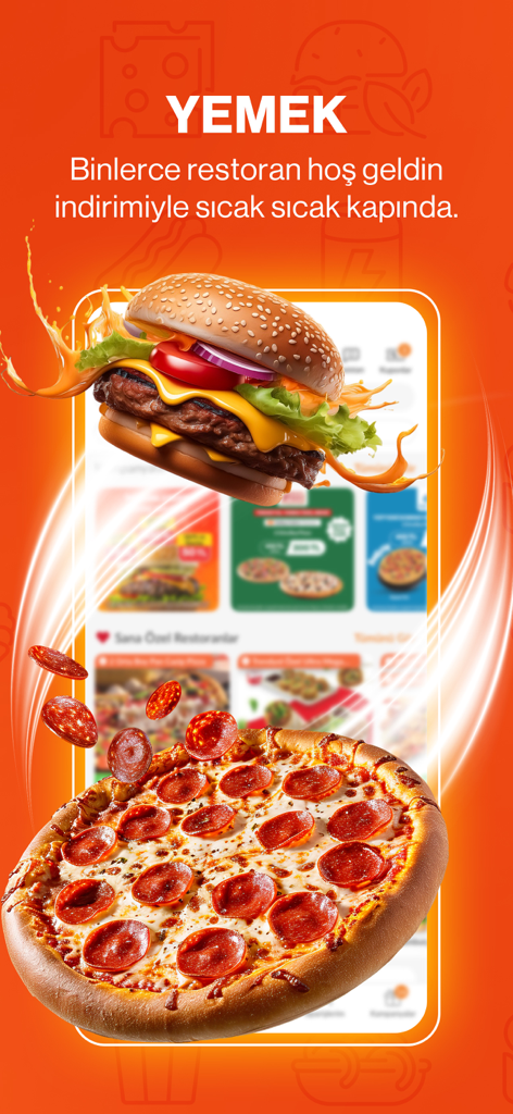 Trendyol Go app promotion featuring a cheeseburger and pepperoni pizza for food delivery orders