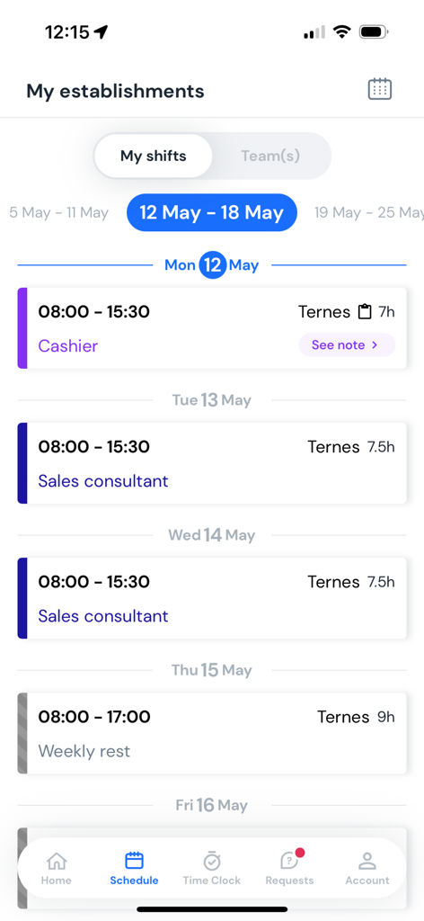 Interface du planning de travail hebdomadaire dans l'application mobile Skello