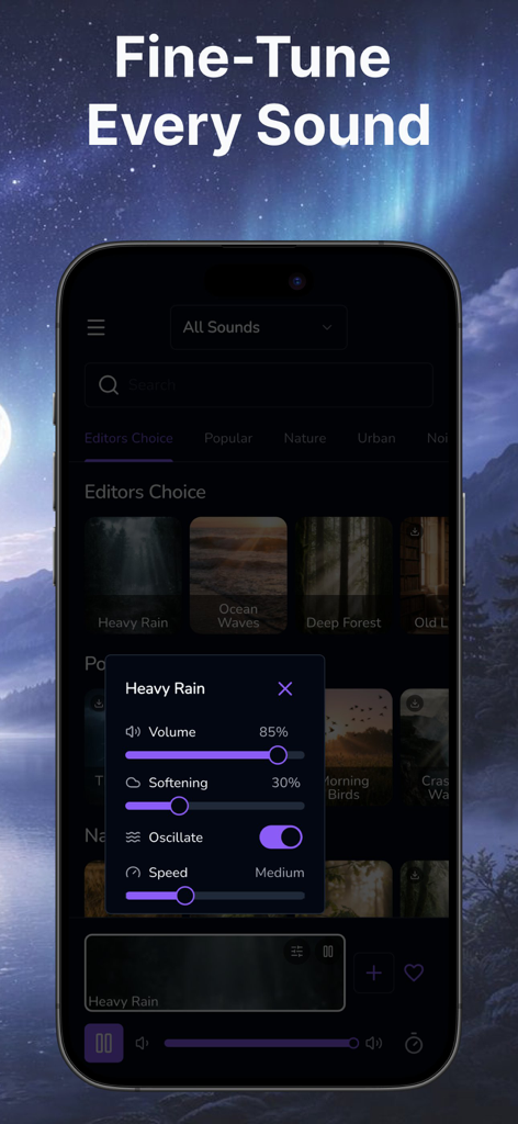 White Noise - Driftly - Interface of Driftly app showing sound customization controls for heavy rain with volume softening and oscillation settings