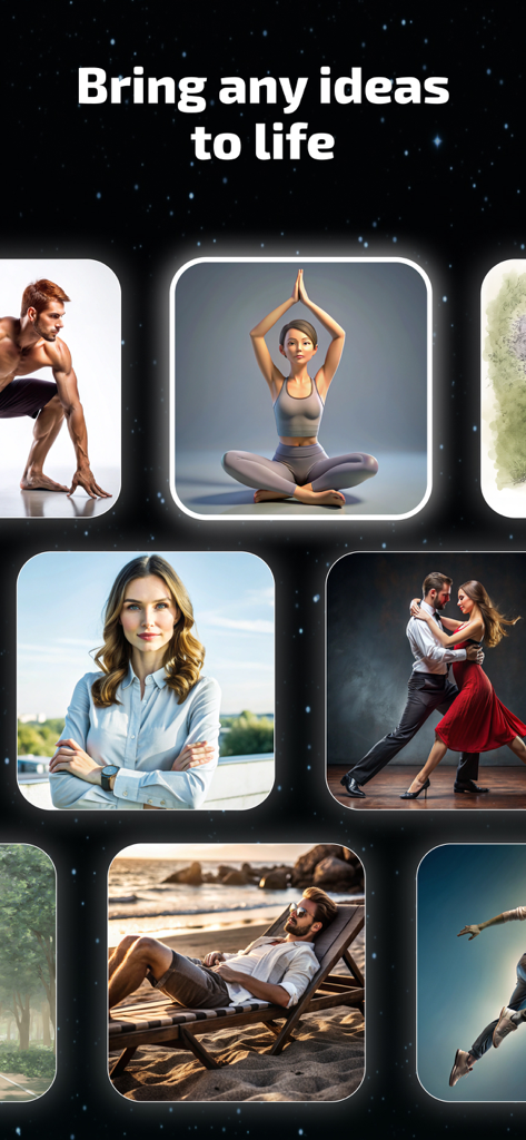 AI Pose Generator: Model Maker - A collage showing various AI-generated characters in different poses like yoga dancing and relaxing on a beach with the text Bring any ideas to life