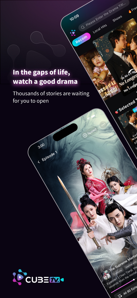 Mobile screens displaying the CubeTV app interface with a historical drama and movie categories