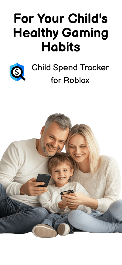Child Spend Tracker for Roblox - Una familia sonriente usando teléfonos inteligentes para monitorear el gasto en juegos para hábitos saludables.