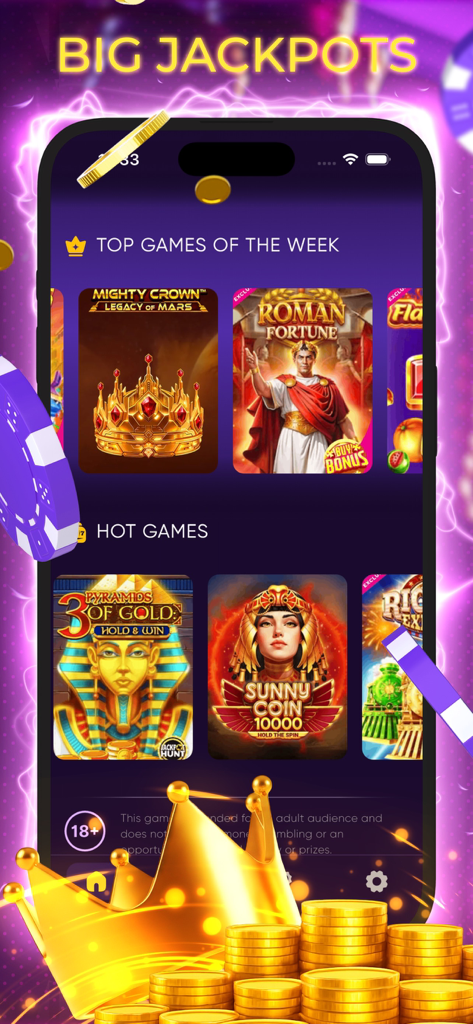 Kingmaker Casino: Trial Games - Kingmaker Casino mobile app interface showing top games of the week and hot slot machine titles.