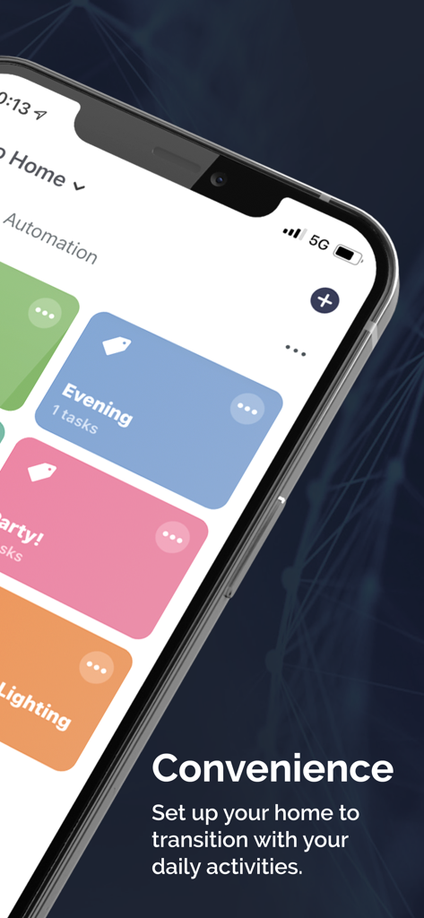 Starfish app interface showing colorful smart lighting automation cards for Evening and Party modes