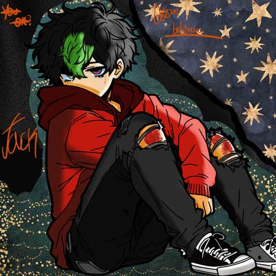 a male hoddie ripped jeans messy hair anime