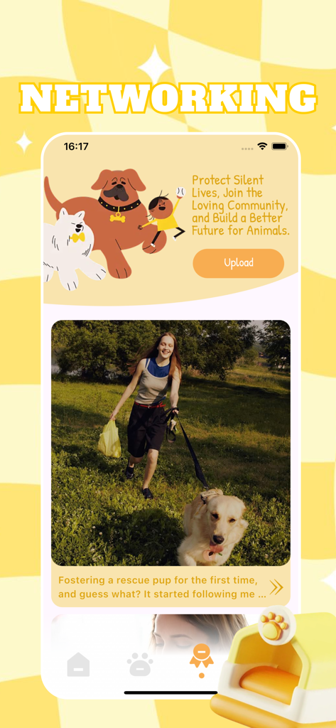 Inzo - Connect, Find, Enjoy - Inzo app networking screen showing a community post about fostering a rescue dog.