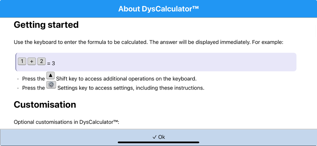 The About DysCalculator screen showing getting started instructions and an example calculation of one plus two equals three.