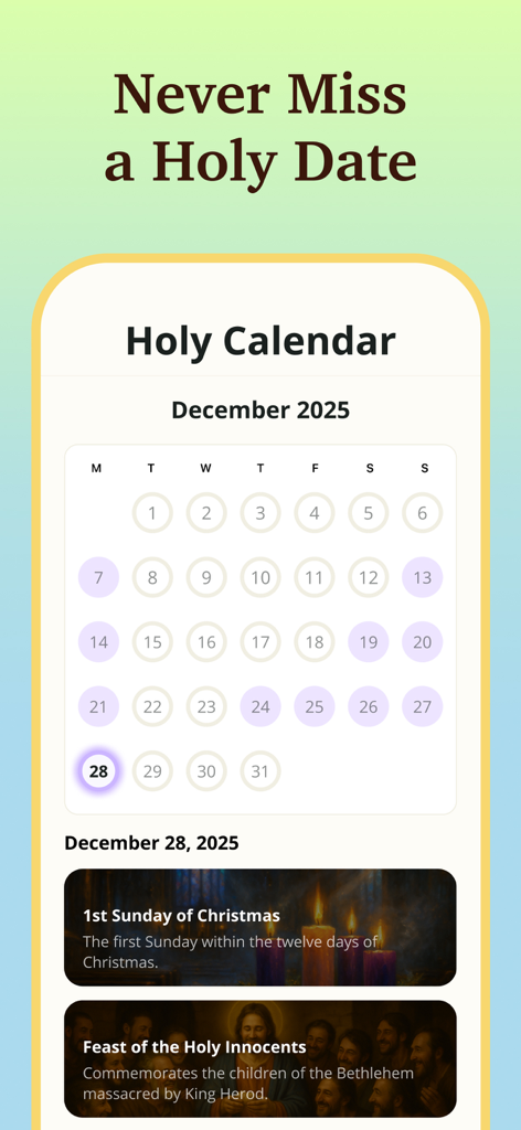 Bible Path: Prayers & Widgets - 聖書パスアプリの聖なるカレンダー機能を示すモバイル画面。2025年12月の宗教的な日付とイベントが表示されています。