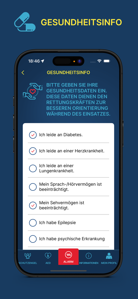 Mobile screen showing a checklist for personal health data and medical conditions within the Rettung emergency app.