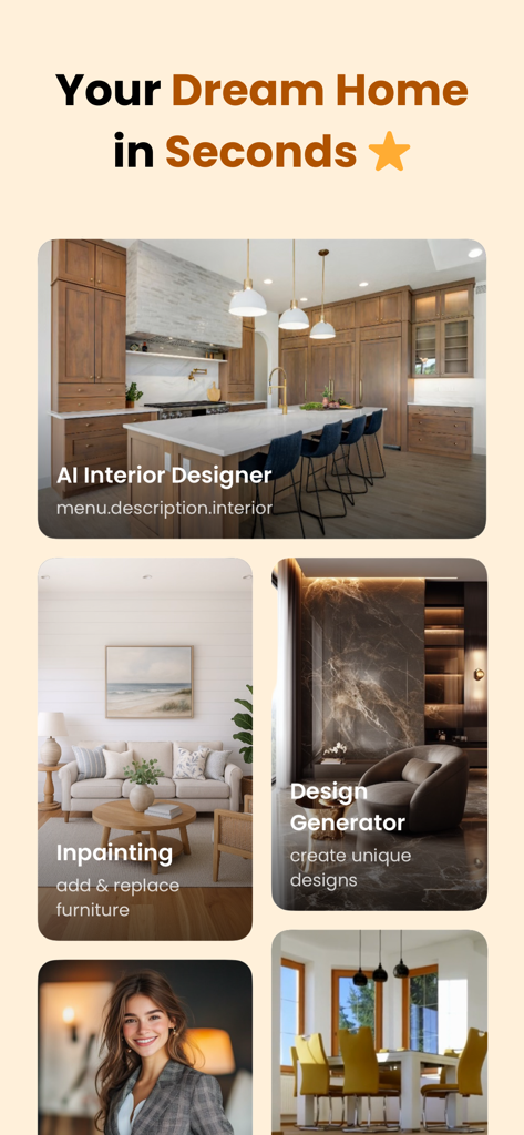 Arch AI Home Design & Interior - Interfaz de la aplicación Arch AI que muestra herramientas de diseño de hogares como Diseñador de Interiores IA y Relleno para remodelación de habitaciones