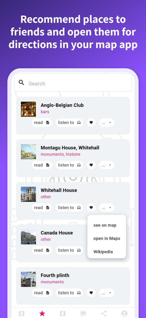 Road Trip: Voice Tour Guide AI - A list of travel landmarks in the Road Trip app showing options to listen to audio guides and open locations in map apps.
