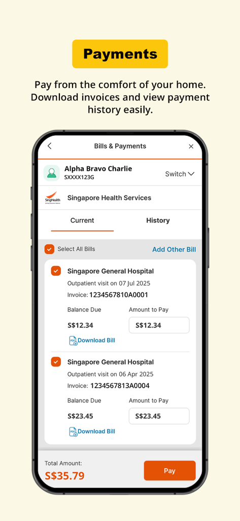 Health Buddy mobile app interface showing current hospital bills and payment options